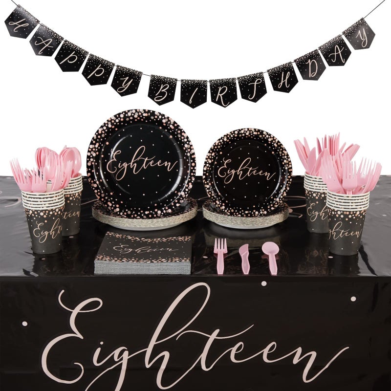 Sparkle and Bash Sparkle and Bash 170 Piece 18th Birthday Party Supplies and Decorations Set for Girls, Includes Plates, Napkins, Tablecloth, Banner, Cups, and Cutlery (24 Guests)  - Image 1