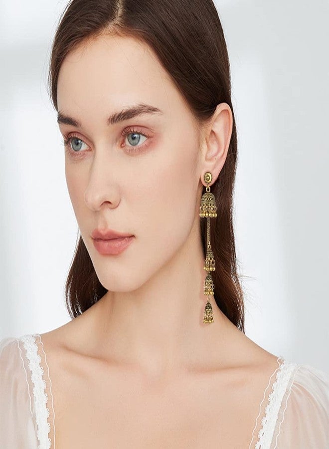 OIDIMS Boho Vintage Jhumka Jhumki Tassel Dangle Statement Earrings for Women Girls Oxidized Jewelry Long Drop Chandelier Earring Traditional Ethnic Gypsy Beads Bohemian Bollywood Indian Jewelry Gift (Gold-Tone) - Image 2
