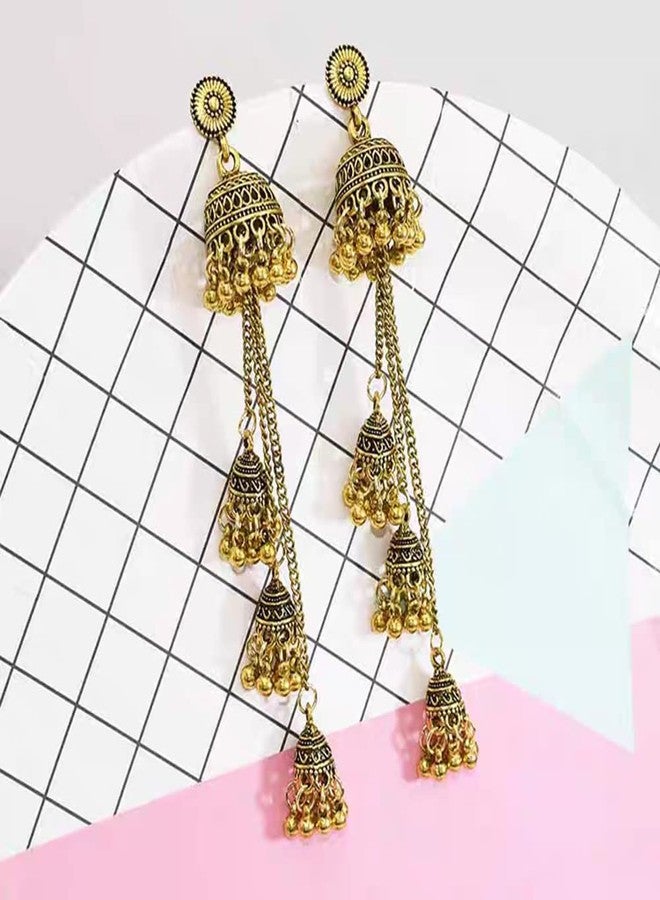 OIDIMS Boho Vintage Jhumka Jhumki Tassel Dangle Statement Earrings for Women Girls Oxidized Jewelry Long Drop Chandelier Earring Traditional Ethnic Gypsy Beads Bohemian Bollywood Indian Jewelry Gift (Gold-Tone) - Image 3