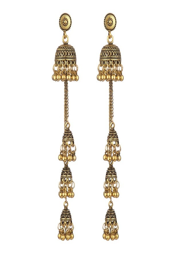 OIDIMS Boho Vintage Jhumka Jhumki Tassel Dangle Statement Earrings for Women Girls Oxidized Jewelry Long Drop Chandelier Earring Traditional Ethnic Gypsy Beads Bohemian Bollywood Indian Jewelry Gift (Gold-Tone) - Image 1