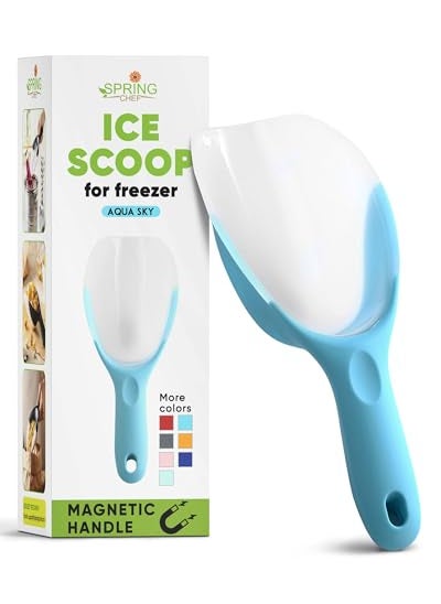 Spring Chef Spring Chef Magnetic Ice Scoop for Freezer Translucent BPAFree FlexiPlastic Ice Scooper with Soft Grip Handle Kitchen Food Scoop for Popcorn Pet Food Flour Grains  Dishwasher Safe  Aqua Sky 