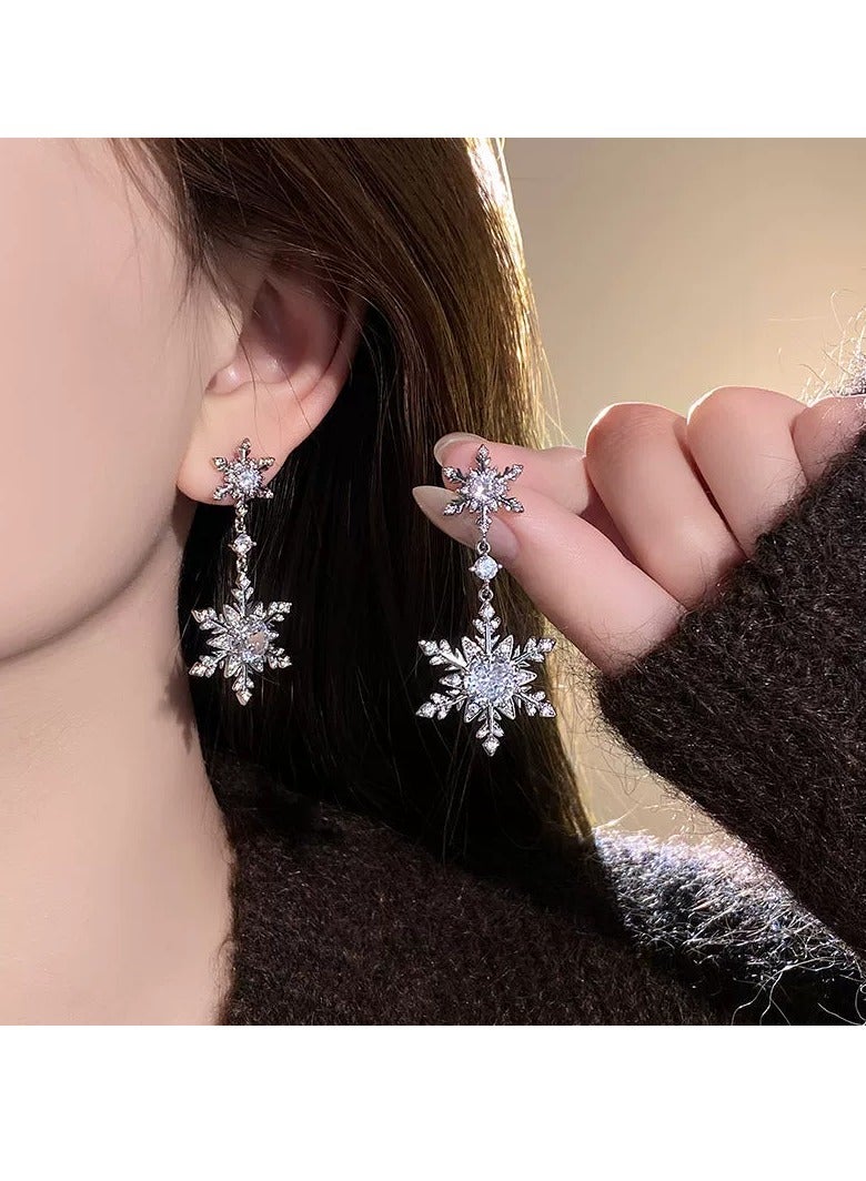 Luxury Zircon Snowflake Earrings for Women – High-End Rhodium Plated, Full Diamond Double Tassel Design, Fashionable and Elegant Studs, Trendy 2025 New Collection - Image 1