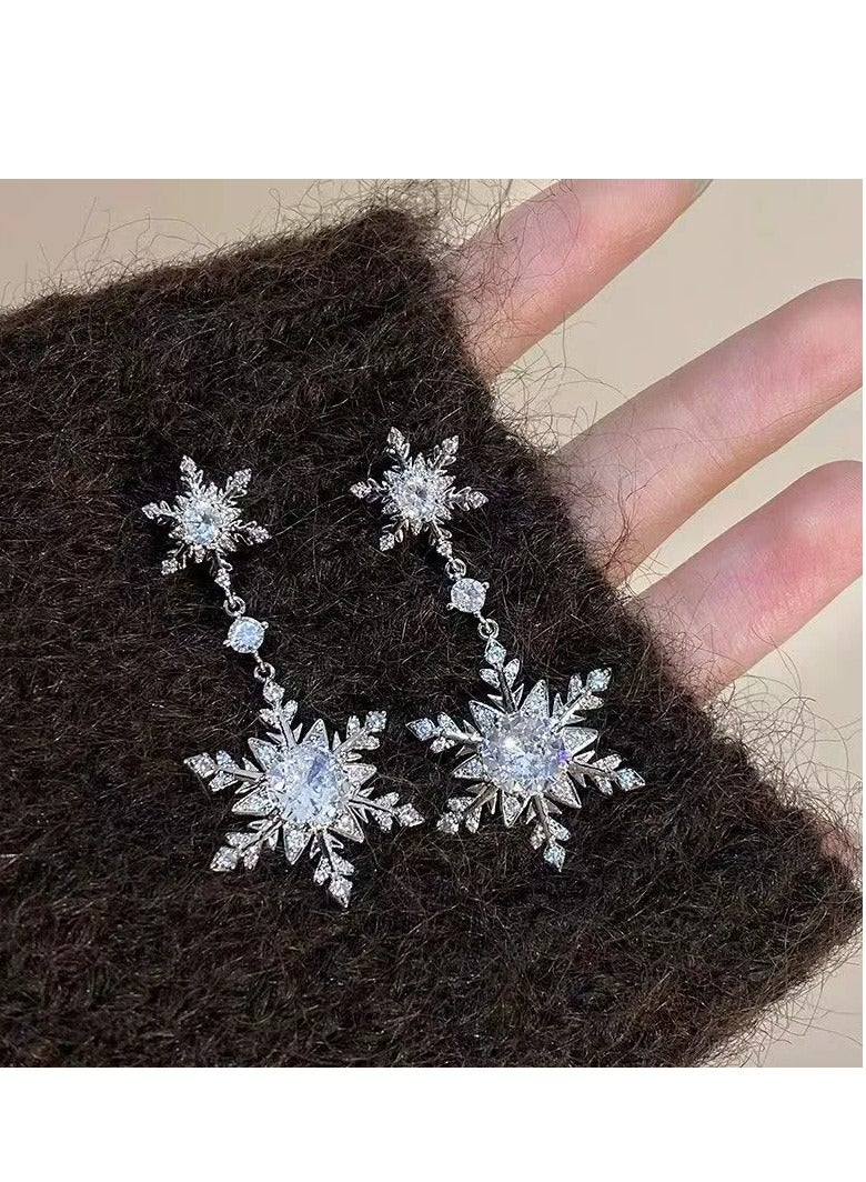 Luxury Zircon Snowflake Earrings for Women – High-End Rhodium Plated, Full Diamond Double Tassel Design, Fashionable and Elegant Studs, Trendy 2025 New Collection - Image 2