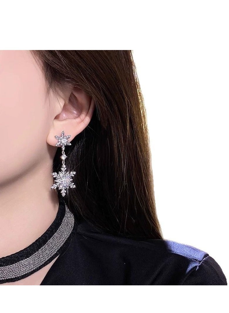 Luxury Zircon Snowflake Earrings for Women – High-End Rhodium Plated, Full Diamond Double Tassel Design, Fashionable and Elegant Studs, Trendy 2025 New Collection - Image 3