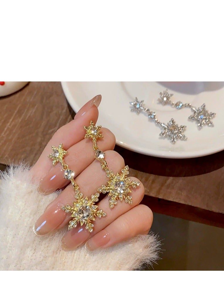 Luxury Zircon Snowflake Earrings for Women – High-End Rhodium Plated, Full Diamond Double Tassel Design, Fashionable and Elegant Studs, Trendy 2025 New Collection - Image 4