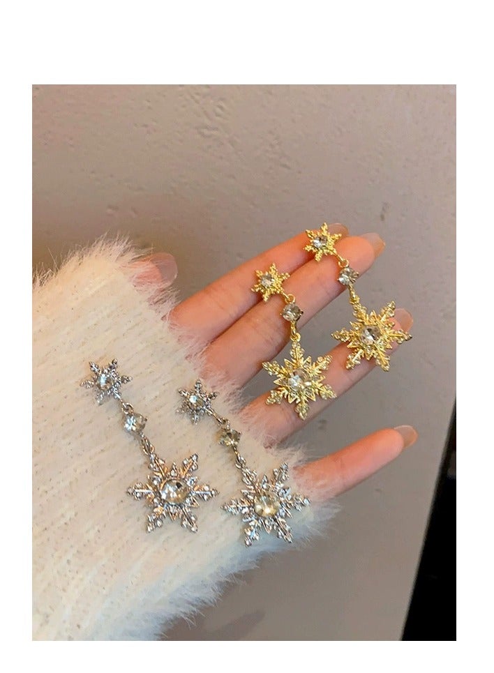 Luxury Zircon Snowflake Earrings for Women – High-End Rhodium Plated, Full Diamond Double Tassel Design, Fashionable and Elegant Studs, Trendy 2025 New Collection - Image 5