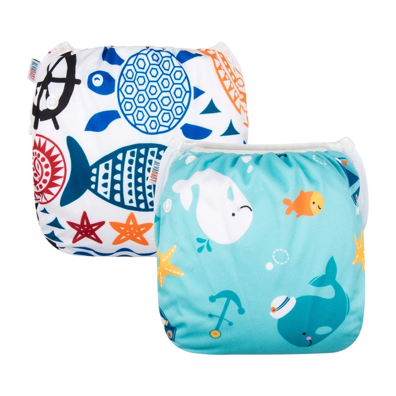 ALVABABY 2pcs Swim Diapers Baby Toddler Snap One Size Reusable Adjustable Baby Boy Cartoon Fish Small DYK0506