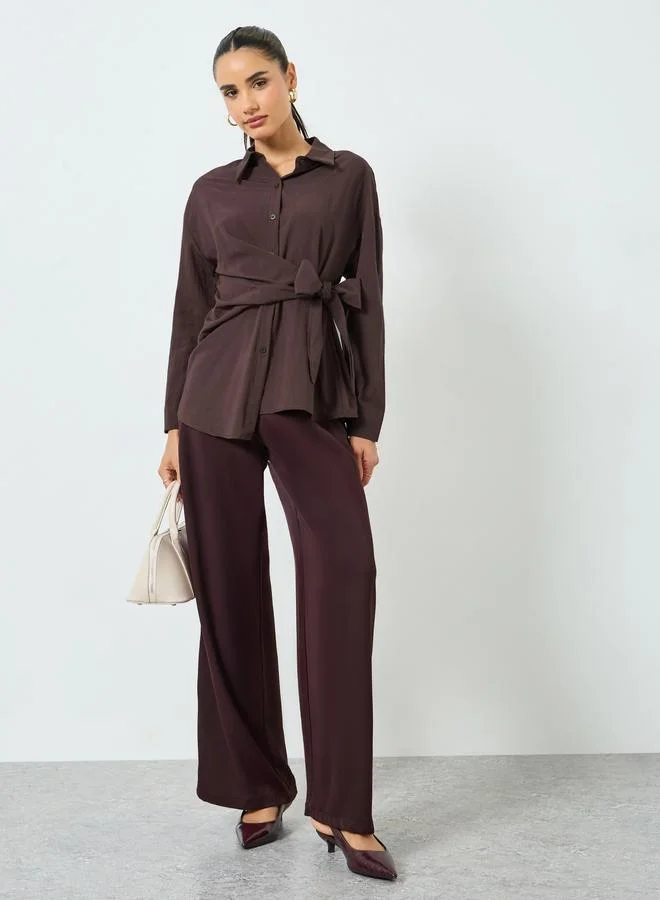 Styli Brown Long Sleeve Buttoned Wrap Top