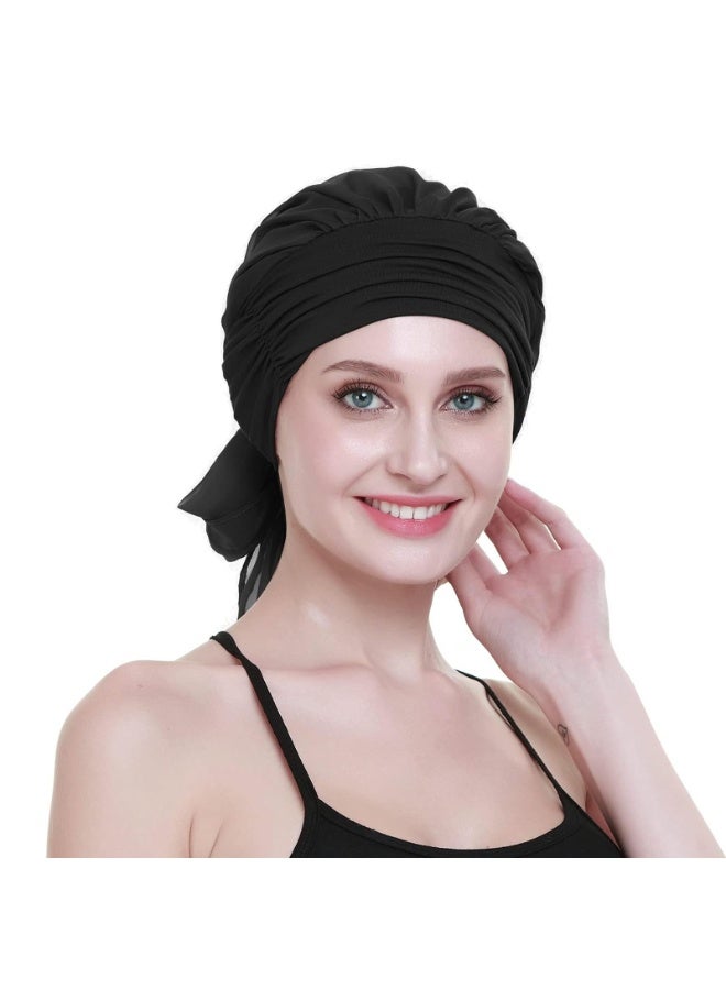 Chemo Headwear Turban for Women with Long Hair Scarf, Black Viscose Fabric, Chiffon Tail, One Size - Image 2