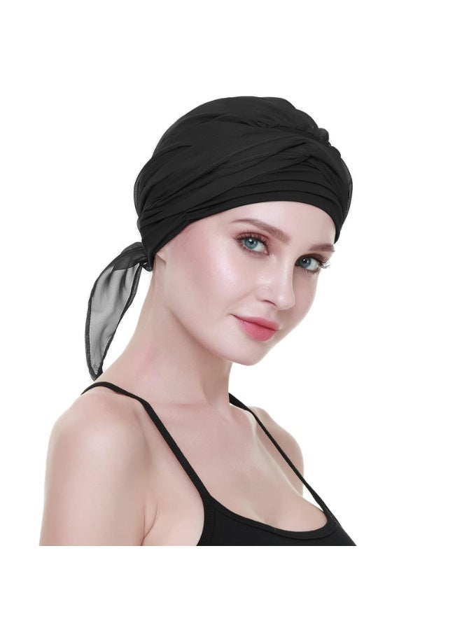 Chemo Headwear Turban for Women with Long Hair Scarf, Black Viscose Fabric, Chiffon Tail, One Size - Image 4