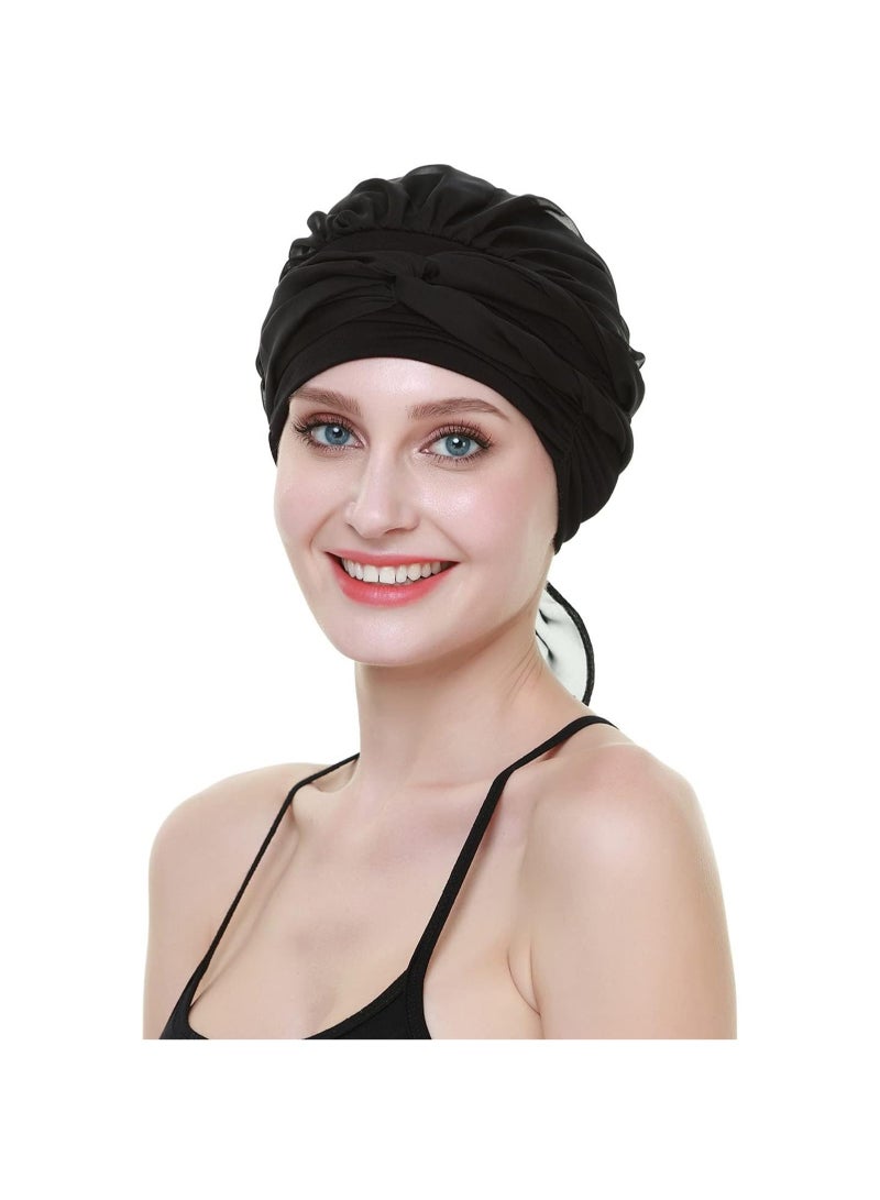 Chemo Headwear Turban for Women with Long Hair Scarf, Black Viscose Fabric, Chiffon Tail, One Size - Image 5