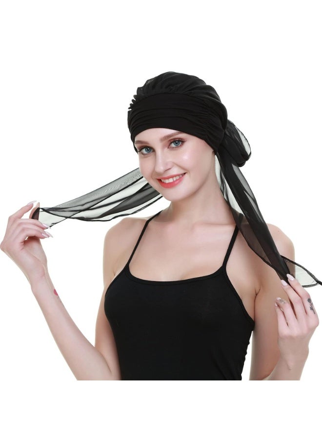 Chemo Headwear Turban for Women with Long Hair Scarf, Black Viscose Fabric, Chiffon Tail, One Size - Image 1