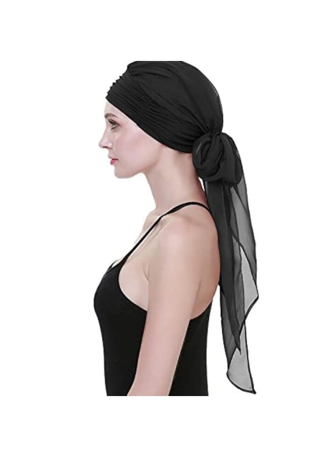 Chemo Headwear Turban for Women with Long Hair Scarf, Black Viscose Fabric, Chiffon Tail, One Size - Image 3