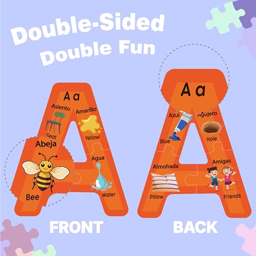 EDUMAETRIX Bilingual Spanish English Alphabet ABC Puzzle Jigsaw for Toddlers Age 5 Montessori Preschool Kindergarten ABC Sight Words Letter Puzzle 27 Letters DoubleSided with Gift Box - Image 5