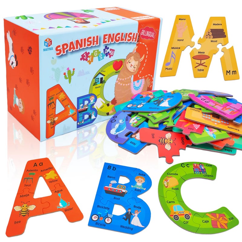 EDUMAETRIX Bilingual Spanish English Alphabet ABC Puzzle Jigsaw for Toddlers Age 5 Montessori Preschool Kindergarten ABC Sight Words Letter Puzzle 27 Letters DoubleSided with Gift Box - Image 3