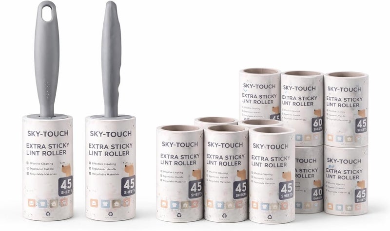 SKY-TOUCH Lint Roller Remover Hair Kit,Cat Hair Removal Tool,Extra Sticky Reusable Lint Remover,Fluff Brush for Clothing,Carpets,Bed,Car, 12 Rolls - 1080 Sheets,4 Upgraded Handles,White,5*5*21.5cm - Image 1