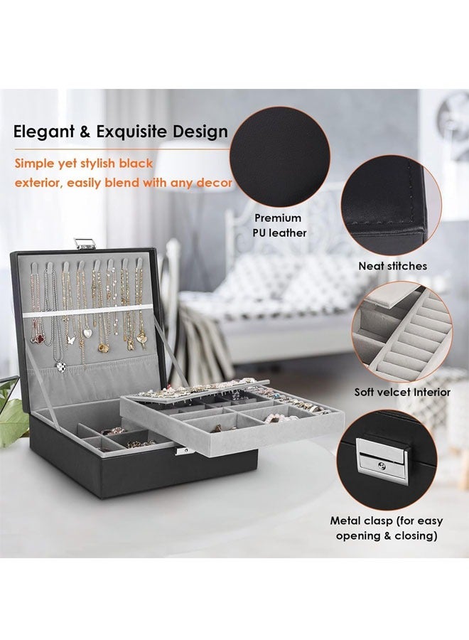 Beauenty Universal Jewelry Box for Men and Women 2-layer Large Jewelry Storage Box with Lock Necklace Bracelet Earring Ring Jewelry Storage Box Black  - Image 3