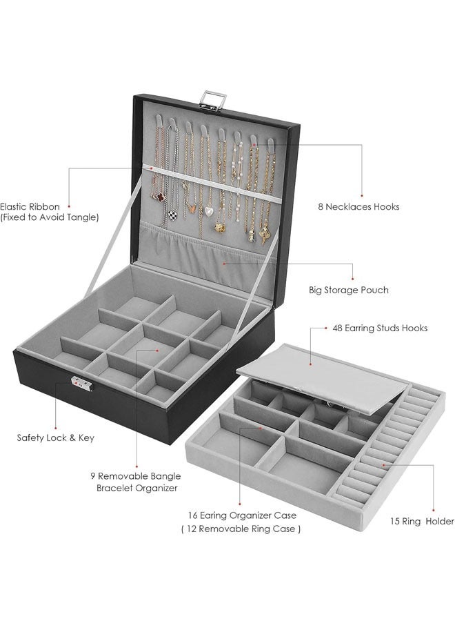 Beauenty Universal Jewelry Box for Men and Women 2-layer Large Jewelry Storage Box with Lock Necklace Bracelet Earring Ring Jewelry Storage Box Black  - Image 2