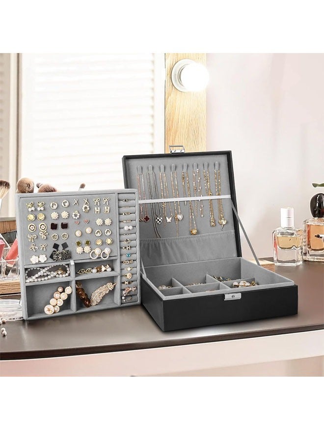 Beauenty Universal Jewelry Box for Men and Women 2-layer Large Jewelry Storage Box with Lock Necklace Bracelet Earring Ring Jewelry Storage Box Black  - Image 4