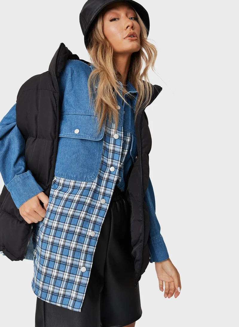 Missguided Checked Pocket Detail Denim Shirt