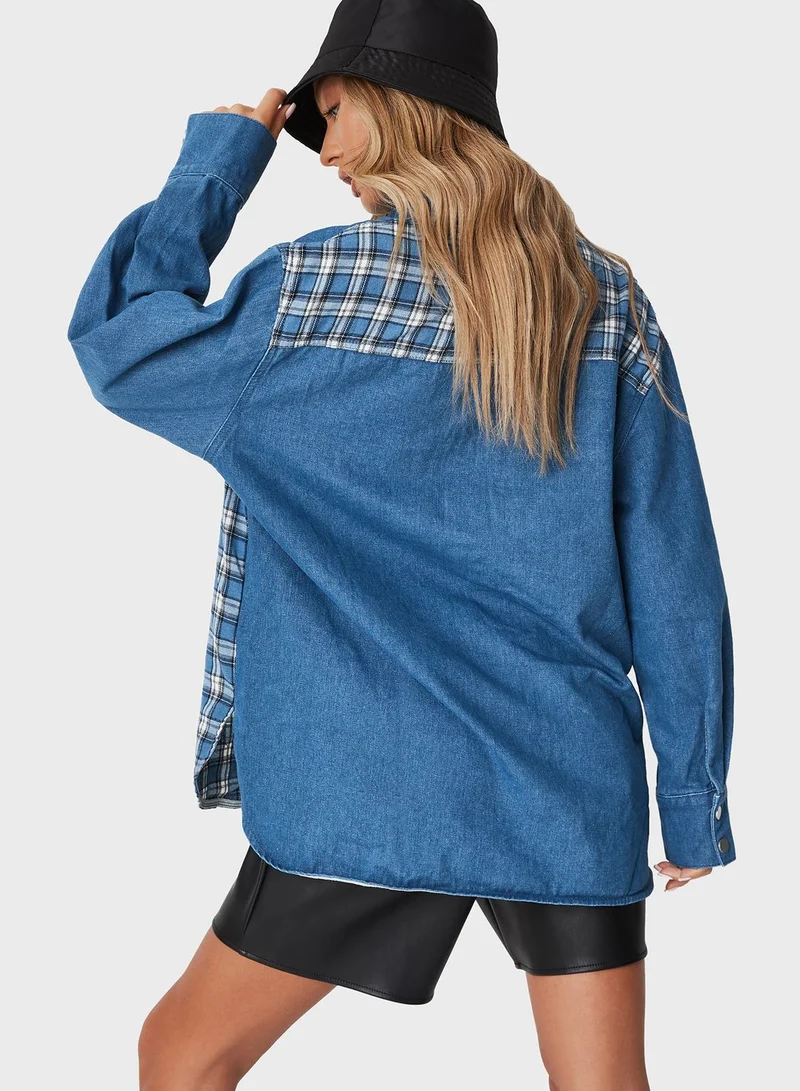 Missguided Checked Pocket Detail Denim Shirt