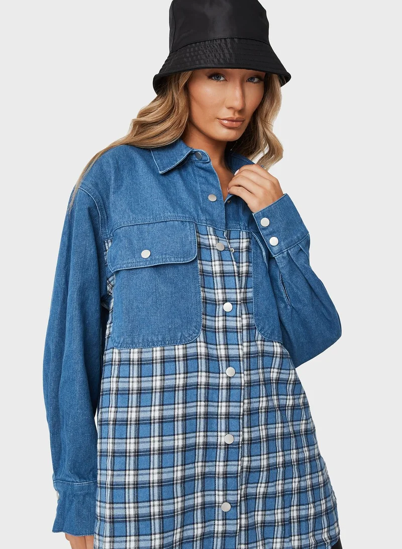 Missguided Checked Pocket Detail Denim Shirt