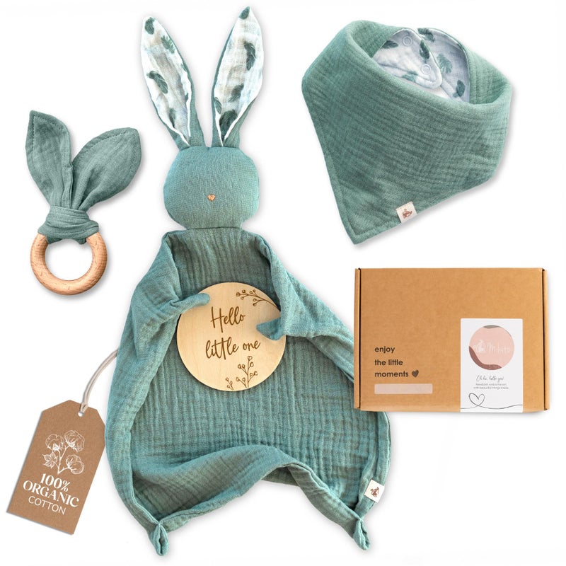 Mikito Organic Cotton Newborn Gift Box  Unisex Baby Gifts Including Muslin Lovey Comforter  Bandana Bib  Wooden Teether & Birth Announcement Sign - Image 1