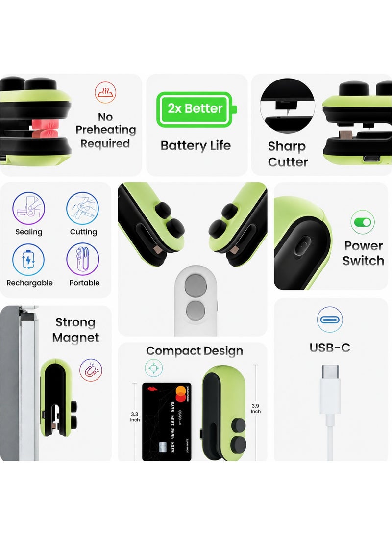 Portable Mini Bag Sealer with Cutter, USB-C Rechargeable Handheld Plastic Food Sealing Machine, Green - Image 2