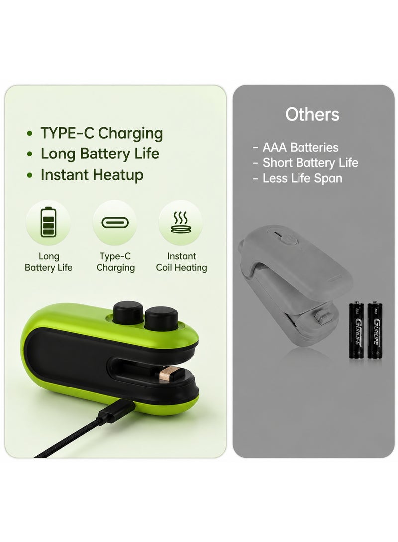 Portable Mini Bag Sealer with Cutter, USB-C Rechargeable Handheld Plastic Food Sealing Machine, Green - Image 5