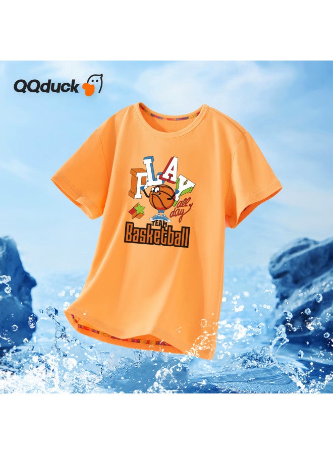 Qq Duck Children's Clothing, Boys' T-shirt, Girls' Short-sleeve Top, Summer Student Clothes, Basketball Player Fruit Orange; Size 140