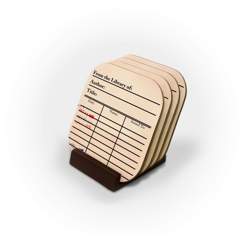 Set of Library Card Coasters with Stand 4 Coffee Mug Coasters with Library Card with day due stamps design Bookish Gift Literary Gift