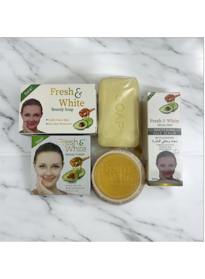 Fresh & White Set of 5 pcs of  cream(2),  Serum & soap(2) for fairness & spotless & glowing face & body.