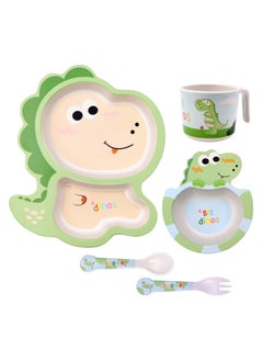 iMissiu Bamboo Kids Dinnerware Set, 5 Pcs Toddler Divided Plates Bowl Cup with Utensils for Kids (Little Dinosaur)  - Image 1