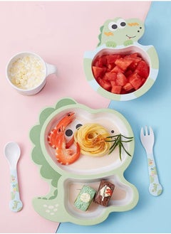 iMissiu Bamboo Kids Dinnerware Set, 5 Pcs Toddler Divided Plates Bowl Cup with Utensils for Kids (Little Dinosaur)  - Image 2
