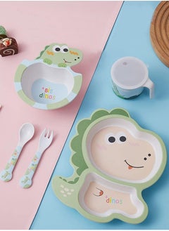 iMissiu Bamboo Kids Dinnerware Set, 5 Pcs Toddler Divided Plates Bowl Cup with Utensils for Kids (Little Dinosaur)  - Image 4