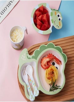 iMissiu Bamboo Kids Dinnerware Set, 5 Pcs Toddler Divided Plates Bowl Cup with Utensils for Kids (Little Dinosaur)  - Image 3