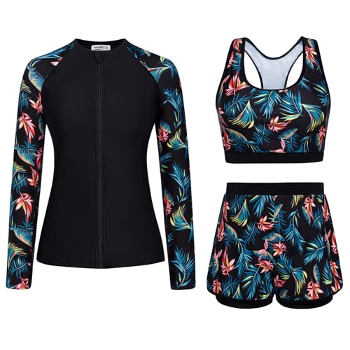 JASAMBAC Womens Swimsuits, 3 Piece Rash Guard for Women, UPF 50+ Modest Full Coverage Swimming Suits with Swim Shorts Black L - Image 1