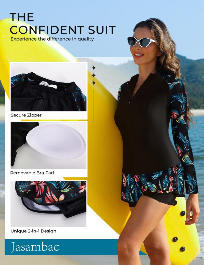 JASAMBAC Womens Swimsuits, 3 Piece Rash Guard for Women, UPF 50+ Modest Full Coverage Swimming Suits with Swim Shorts Black L - Image 4