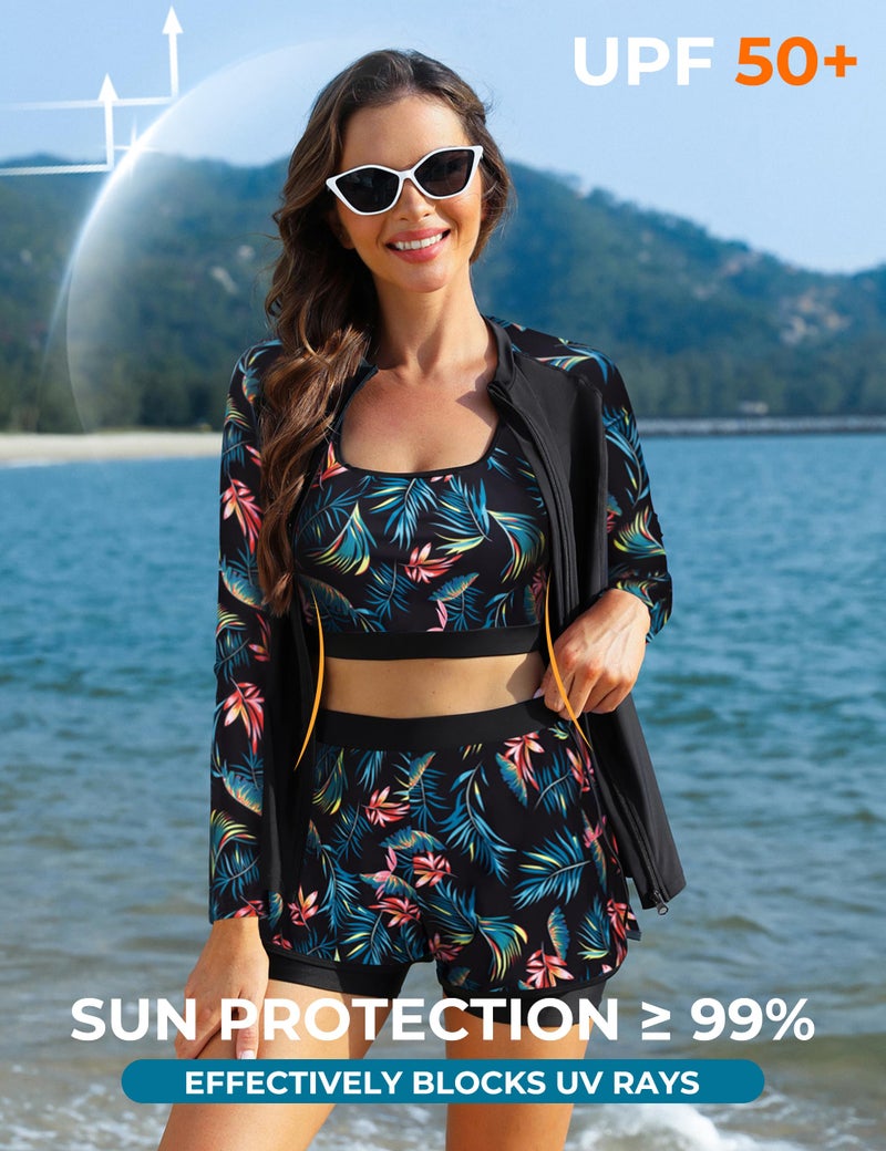 JASAMBAC Womens Swimsuits, 3 Piece Rash Guard for Women, UPF 50+ Modest Full Coverage Swimming Suits with Swim Shorts Black L - Image 2