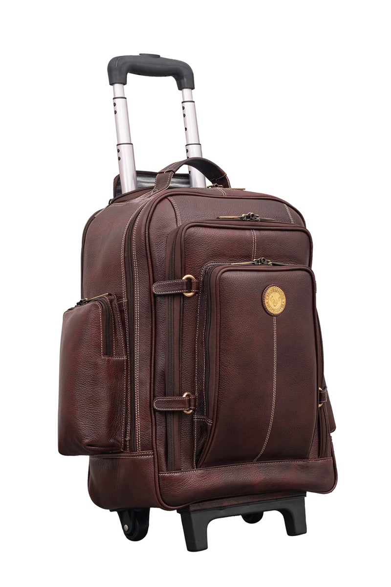 BRAND LEATHER Rolling Backpack Wheeled Laptop Backpack for Travel, Trolley Luggage Suitcase Compact Business Bag Student Laptop Bag for Men Women (BROWN) - Image 1