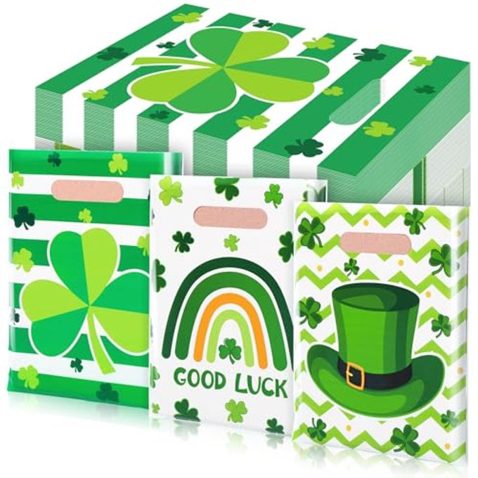 Frienda 120 Pcs St Patrick's Day Treat Bags Plastic Shamrock Gift Bags Bulk Irish Goodie Bags with Handle Green Hat Rainbow Candy Snack Bags for Holiday Party Favor Supplies