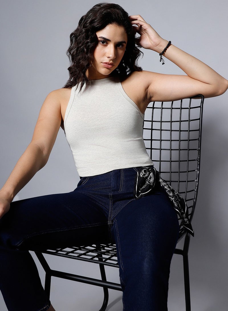 HIGH STAR Crop Light Grey Top for Women, Styled Back Design - Image 1