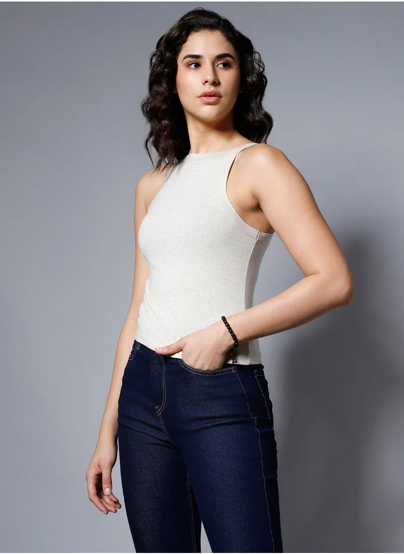 هاي ستار Crop Light Grey Top for Women, Styled Back Design