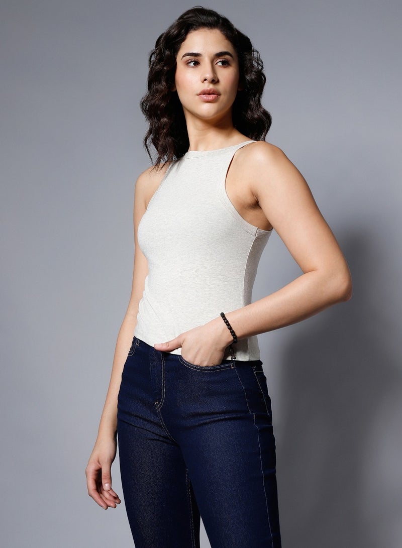 HIGH STAR Crop Light Grey Top for Women, Styled Back Design - Image 3