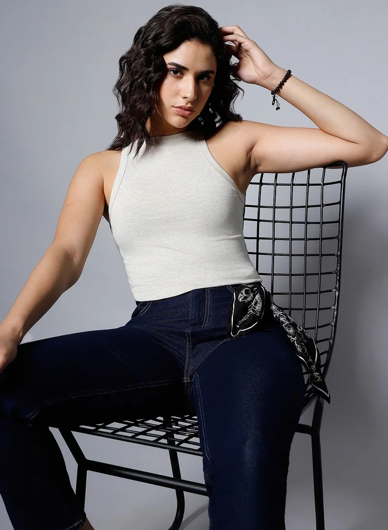 هاي ستار بلوزة نسائية قصيرة رمادي فاتح بتصميم خلفي أنيق