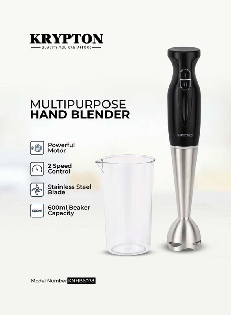 KRYPTON Multipurpose Hand Blender | Powerful 180W Motor | Stainless Steel Blade | 2-Speed Control | 600 ml Beaker Included | Ideal for Smoothies, Sauces, Dips, Lassi & Everyday Kitchen Use KNHB6078 Black/Silver - Image 1