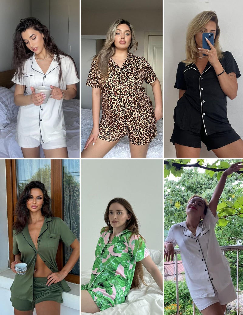 Ekouaer Christmas Pajamas Set for Women Short Sleeve Sleepwear Button Down Pjs Soft 2 Piece Lounge Sets Green Medium - Image 5