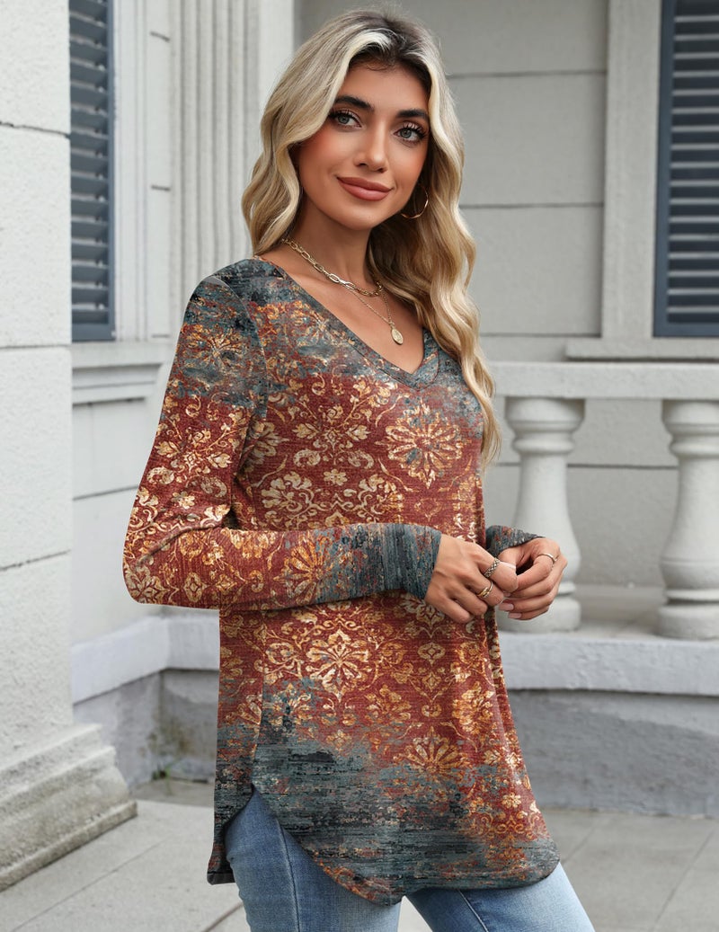 Zeagoo Tops for Women Long Sleeve Shirts V Neck Floral Blouse 2026 Fashion Casual Tunic Shirt XL - Image 2