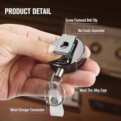KTRIO 2 Pack Heavy Duty Badge Reel Retractable Badge Holder, Metal Keychain ID Badge Holder Reels with Belt Clip Key Ring Reinforced Steel Cord for Key Name Card Holder - Image 2