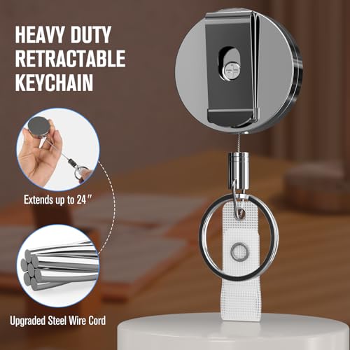 KTRIO 2 Pack Heavy Duty Badge Reel Retractable Badge Holder, Metal Keychain ID Badge Holder Reels with Belt Clip Key Ring Reinforced Steel Cord for Key Name Card Holder - Image 3